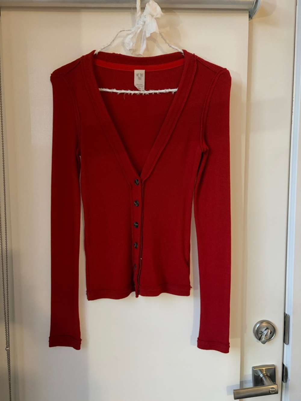We The Free Bright Red Ribbed V-Neck Cardigan